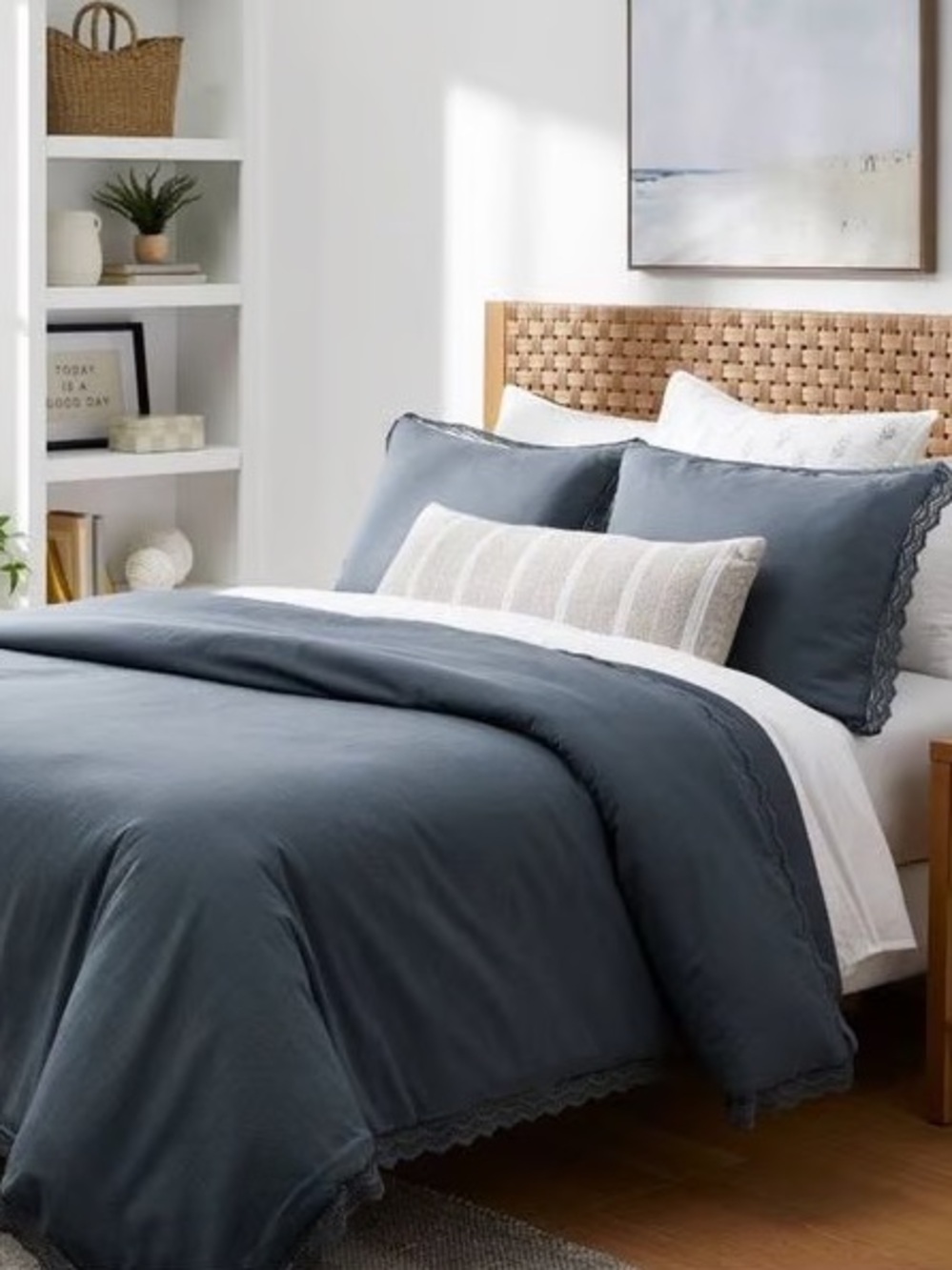 Studio McGee Threshold Navy Lace Border Cotton Slub Duvet Cover